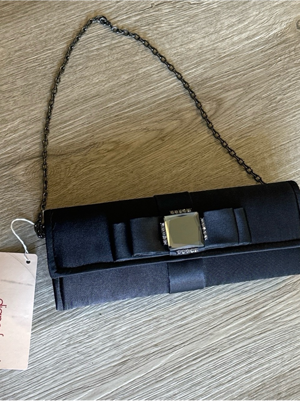 Diana Ferrari Black Satin Bow Clutch with Jeweled Accent